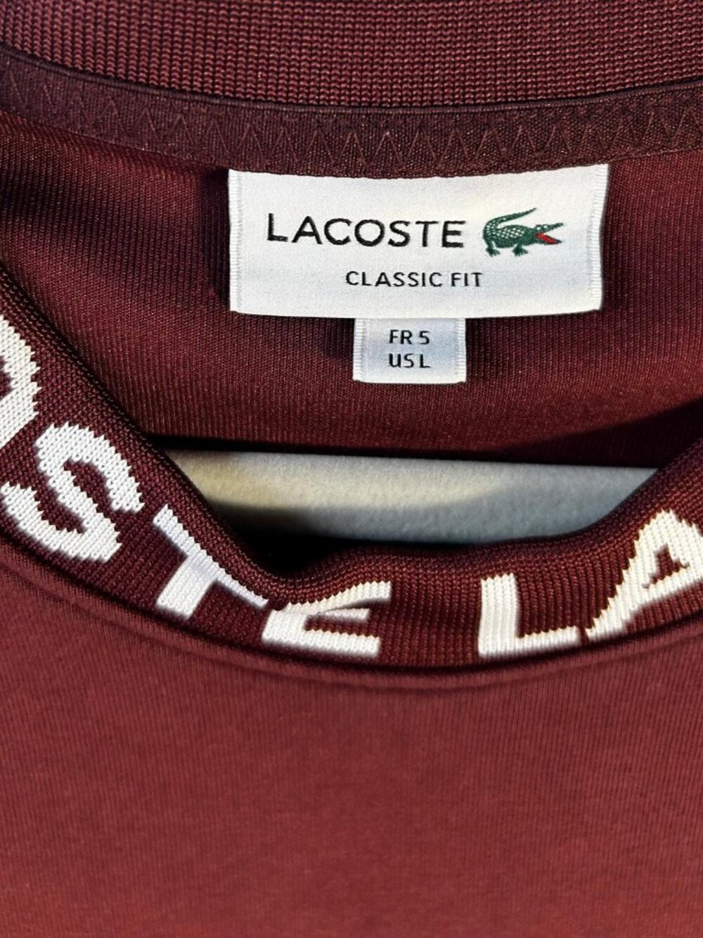 Lacoste Classic Fit Logo Collar Crewneck Sweatshirt – Burgundy/Wine – Men’s Size - Picture 4 of 4